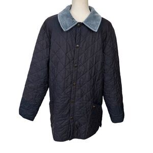 Vintage Barbour Men's Navy Quilted Jacket With Corduroy Collar Navy Blue Size L